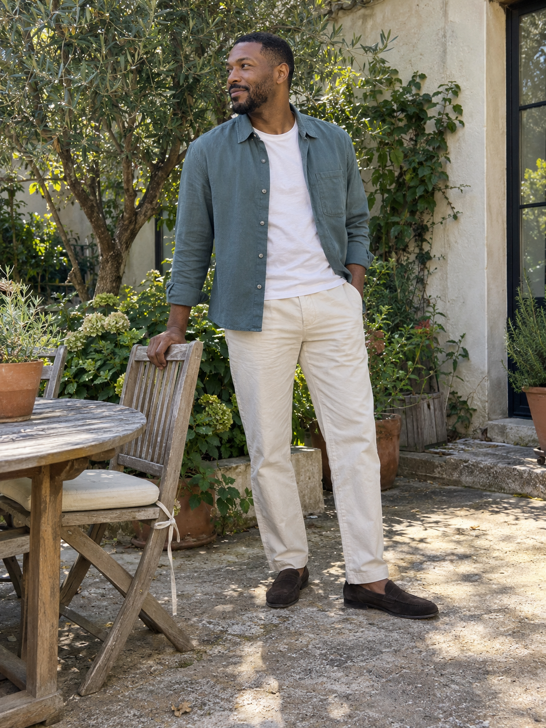 Menswear editorial featuring an overshirt and understated layers